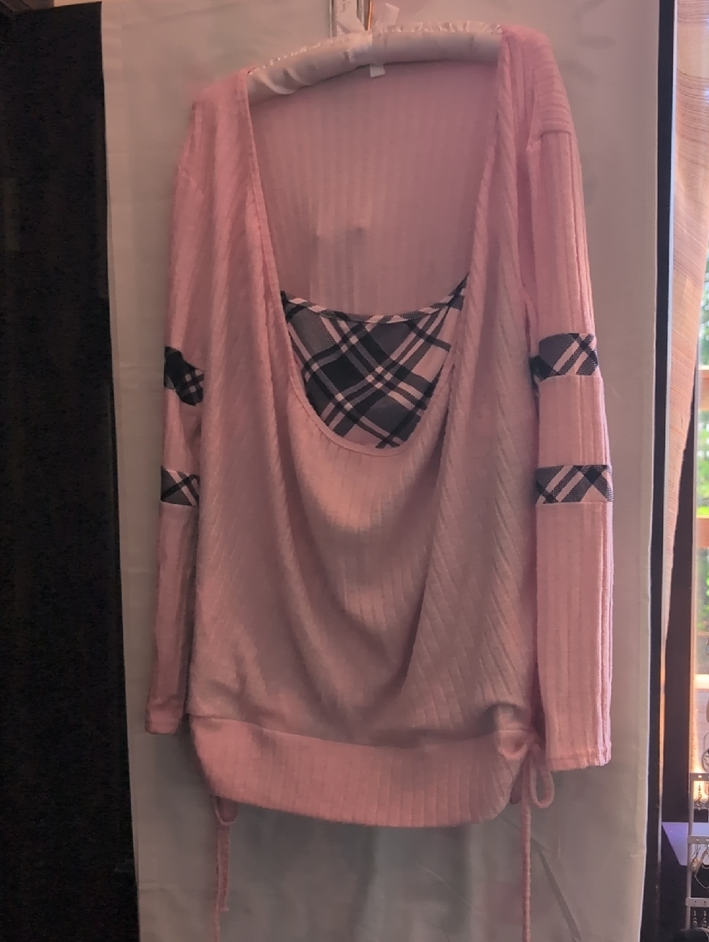 Women's Pink Layered Plaid Accent Sweater